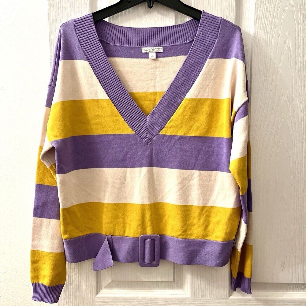 New York & Co Eva Mendes V Neck Sweater XL Purple Yellow Cream Stripes